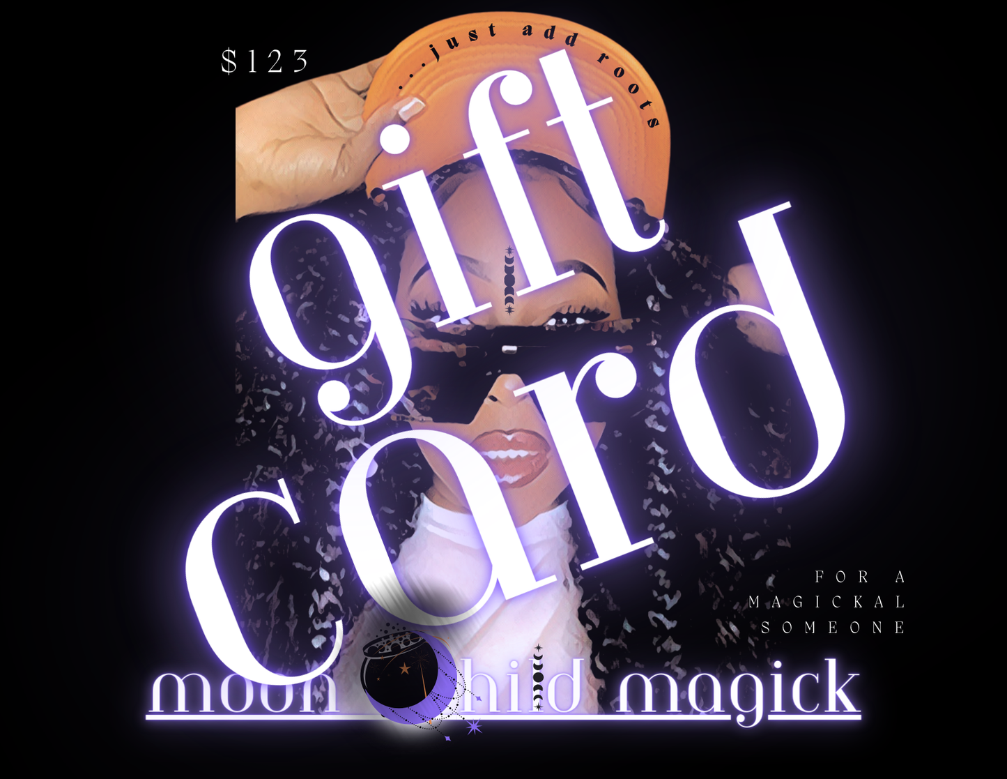 Gift card for $123 image with the text 'gift card' prominently displayed, featuring a full moon and mystical designs.